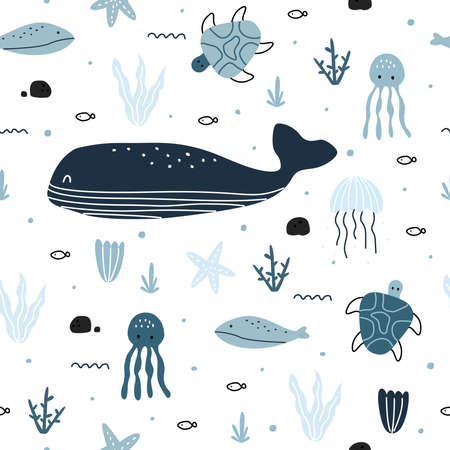 Blue whale and marine life seamless cute animal cartoon background Use for prints, wallpapers, clothing, textiles, vector illustrationのイラスト素材