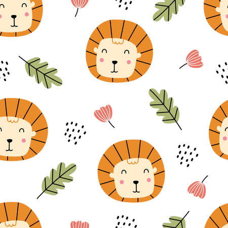 seamless pattern lion face Cartoon Animal Background Hand Drawn Design In Kids Style Use for prints, decorative wallpaper, textiles, fabrics, vector illustrations.のイラスト素材