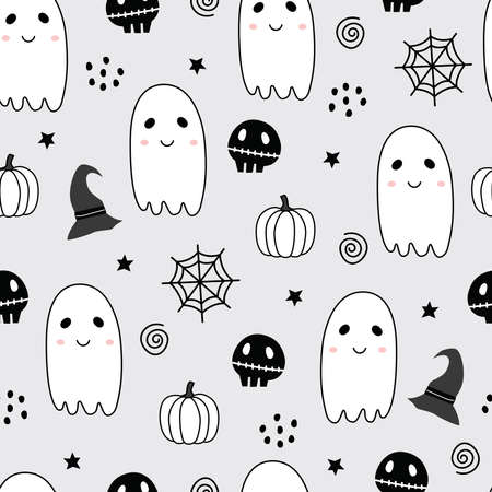 Seamless pattern design for Halloween. Halloween symbol background with ghost, witch hat, spider. Cartoon style hand drawn Design for print, wallpaper, decoration, textile. vector illustrationのイラスト素材