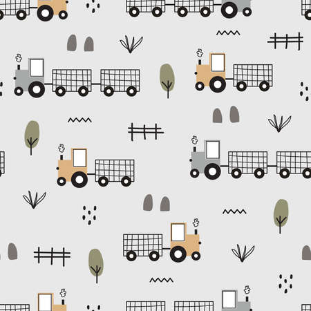 Hand drawn tractor for kids seamless car pattern on white background Cute design in cartoon style. Use for printing wallpaper, fabric, textile, fashion, vector illustration.のイラスト素材