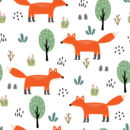 Seamless vector pattern cartoon fox with trees on white background Hand drawn design in children's style. for textile design, print, wallpaper, decorationのイラスト素材