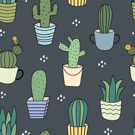 Seamless pattern small potted cactus on a navy blue background hand-drawn design in cartoon style Used for prints, wallpaper, decorations, textiles, vector illustrationのイラスト素材