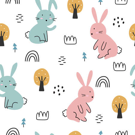 White rabbit with trees Seamless pattern cute cartoon animal background hand drawn in kid style The design used for Print, wallpaper, decoration, fabric, textile Vector illustrationのイラスト素材