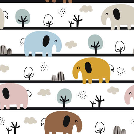 seamless pattern Little elephant with trees and clouds cute animal cartoon background hand drawn design in cartoon style for print, wallpaper, clothing, textile vector illustrationのイラスト素材