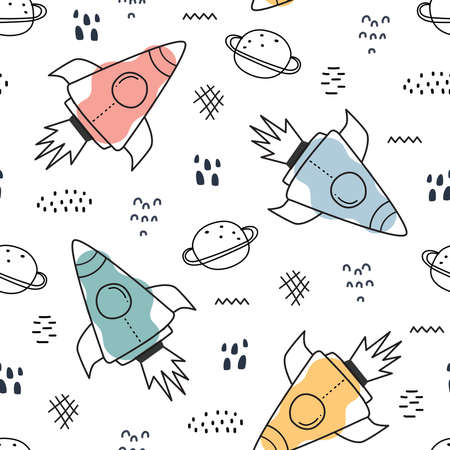 Space background illustration with stars and rockets Seamless vector pattern hand-drawn in cartoon style used for print, wallpaper, decoration, fabric, textile.のイラスト素材