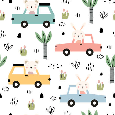 Cartoon transportation background for children Seamless Pattern Vector With Cars With tree cartoon style hand drawn design Used for prints, wallpaper, garments, textiles vector illustrationのイラスト素材