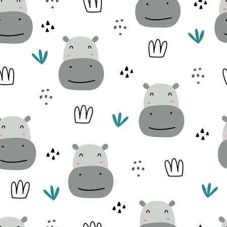 Seamless pattern animal cartoon background There's a hippo's face and a clump of grass. Hand-drawn in children's style use for prints, wallpapers, decorations, textiles, vector illustrations.のイラスト素材