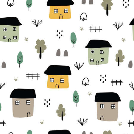 Rural village background seamless pattern with houses and trees hand drawn design in cartoon style Creative for fabrics, wrapping, textiles, wallpaper, apparel. vector illustrationのイラスト素材