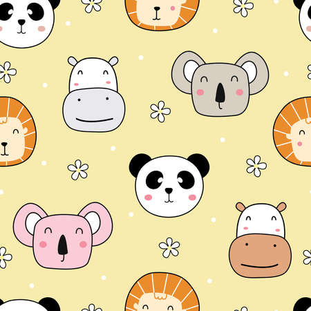 Seamless pattern animal cartoon background It has the face of a hippo with a lion and a panda. Hand-drawn in children's style used for prints, wallpapers, decorations, textiles, vector illustrations.のイラスト素材