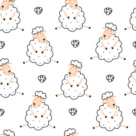 Cartoon animal background for kids sheep seamless pattern Hand drawn design in children's style. Use for prints, wallpaper, decorations, textiles, vector illustrations.のイラスト素材