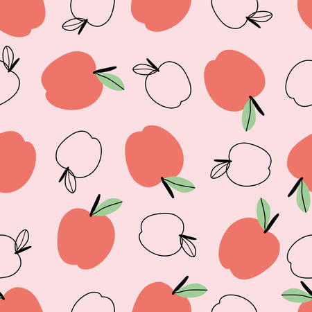 Red apple seamless pattern hand drawn design fruit background in cartoon style Used for printing, wallpaper, decoration, textile clothing pattern. vector illustrationのイラスト素材