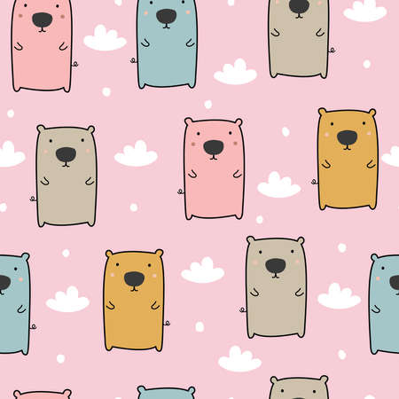 Seamless vector pattern for kids animal cartoon background with bear and clouds hand drawn design in cartoon style Used for print, wallpaper, decoration, textiles. vector illustrationのイラスト素材