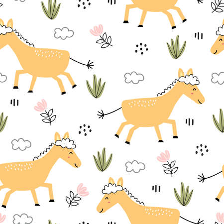 Cute seamless pattern for kids animal cartoon background with horses and trees Children's style hand-drawn design. Use for printing, wallpaper, gift wrapping, textiles, vector illustrations.のイラスト素材