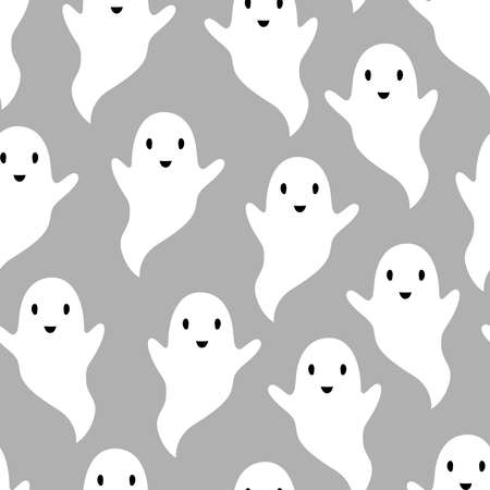 Halloween Cartoon Ghost Pattern Background Halloween Greeting Card Vector Seamless design of white ghosts on gray background. Used for printing, wallpaper, decoration, partyのイラスト素材