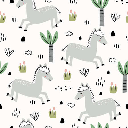 Cute seamless pattern for kids animal cartoon background with horses and trees Children's style hand-drawn design. Use for printing, wallpaper, gift wrapping, textiles, vector illustrations.のイラスト素材