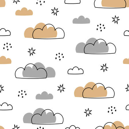 Cute seamless pattern for kids sky background with clouds Cartoon hand drawn design. Use for printing, wallpaper, gift wrapping, textiles, vector illustrations.のイラスト素材