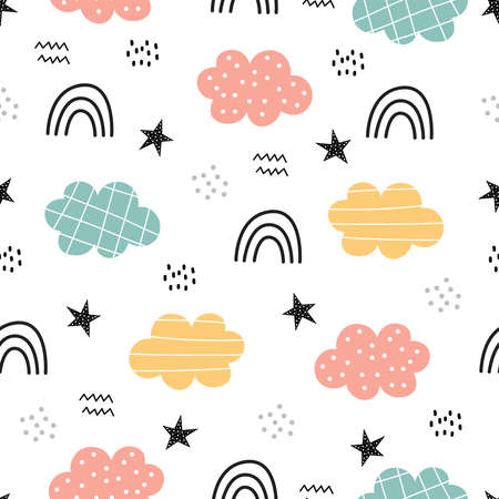 Cute seamless pattern for kids sky background with rainbow and clouds Cartoon hand drawn design. Use for printing, wallpaper, gift wrapping, textiles, vector illustrations.のイラスト素材