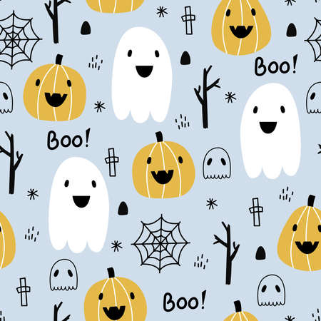 Seamless pattern design for Halloween. Halloween symbol background with ghost, pumpkin, spider. Cartoon style hand-drawn. Design for print, wallpaper, decoration, textile, vector illustration.のイラスト素材