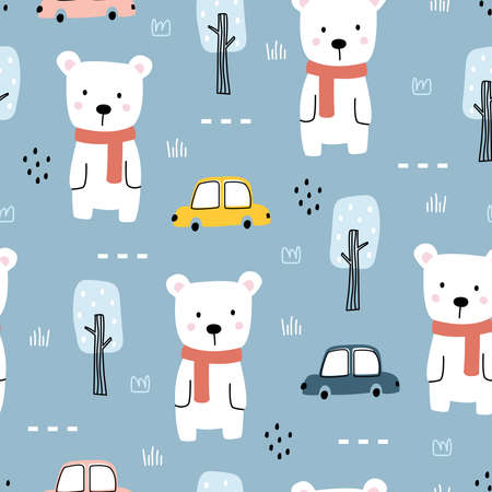 Cartoon animal background for kids white bear with cars and trees hand drawn seamless vector pattern in children's style Used for printing, wallpaper, decoration, fabric, textile.のイラスト素材