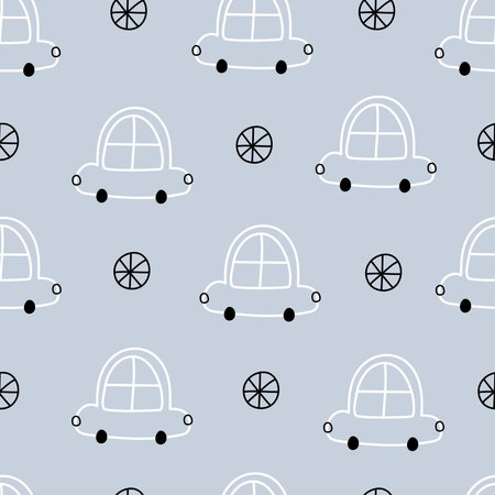 Transportation background for children car seamless pattern. Hand drawn design in children's style. Use for prints, wallpaper, clothing, textiles Vector illustration.のイラスト素材