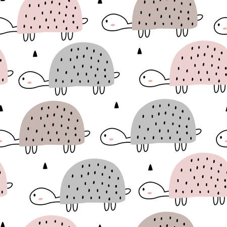 Turtle seamless pattern cute cartoon animal background for kids Hand drawn design in cartoon style. Use for fabric, textile, print, wallpaper, vector illustration.のイラスト素材