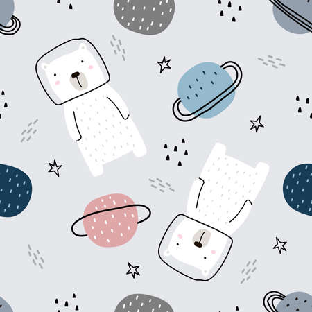 Cartoon animal background for kids Seamless pattern with bear floating in space and stars. Kids style hand drawn design. Use for fabric, textile, wallpaper print, decoration, vector illustration.のイラスト素材