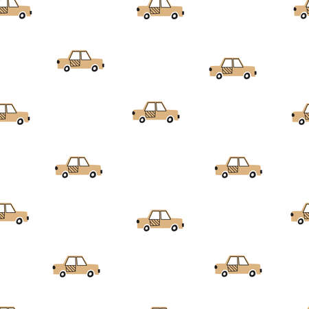 Children Vehicle Cartoon Background. vector seamless pattern with toy car Children's style hand drawn design Used for prints, wallpaper, fabrics, textiles.のイラスト素材