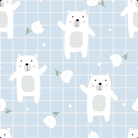White bear and flowers on square grid background seamless pattern hand drawn cartoon animal background in children style Used for print, wallpaper, decoration, fabric, textile, vector illustrationのイラスト素材