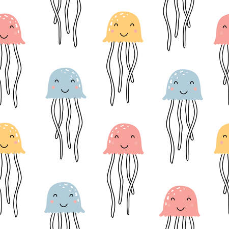 marine life jellyfish seamless pattern hand drawn cartoon animal background in children style design used for print, cloth, textile, fashion Vector Illustrationのイラスト素材