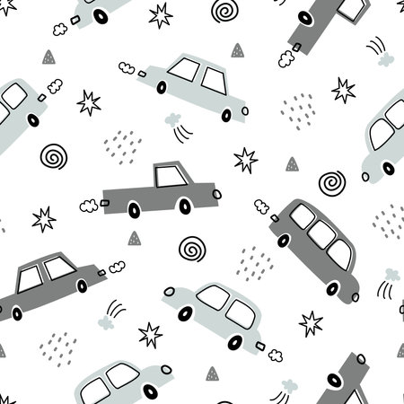 Transportation vehicle background for children. Seamless pattern vector with hand drawn vintage cars in cartoon style. Use for prints, decorative wallpaper, fabrics, textiles.のイラスト素材