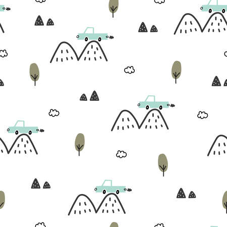 Transportation vehicle background for children. vector seamless pattern with vintage cars with mountains hand drawn design in cartoon style Used for prints, decorative wallpaper, fabrics, textiles.のイラスト素材