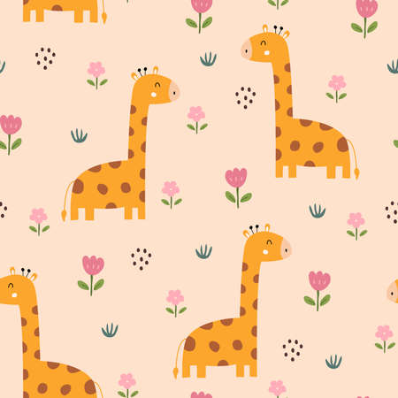 Giraffe with flowers Seamless pattern cute cartoon animal background hand drawn in kid style The design used for Print, wallpaper, decoration, fabric, textile Vector illustrationのイラスト素材