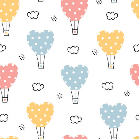 Cartoon Pattern Seamless Vector Background heart balloons floating in the sky with clouds Hand-drawn design in children's style. Use for print, wallpaper, decoration, fabrics, textiles.のイラスト素材