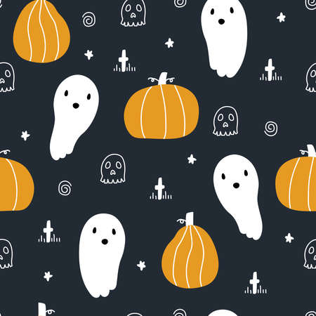Seamless vector pattern for Halloween. Pumpkins and ghosts. Hand drawn design in children's style. Cute cartoon pattern for Halloween.のイラスト素材