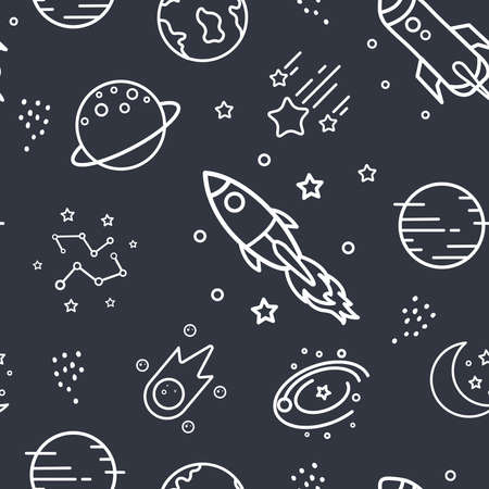 Space background with rockets and stars childish seamless vector pattern hand drawn design in...