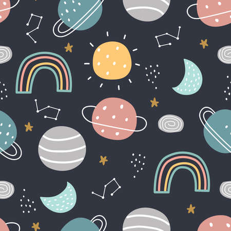 Space and stars seamless pattern for kids Hand drawn star background in cartoon style for print, wallpaper, decoration, fabric, textile, vector illustration.のイラスト素材
