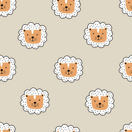 Cartoon animal background for kids lion face seamless pattern design hand drawn style kids use for fabric, textile, wallpaper, print, decoration vector illustrationのイラスト素材