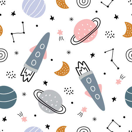 Space background hand drawn stars and rockets seamless vector pattern in cartoon style for kids used...