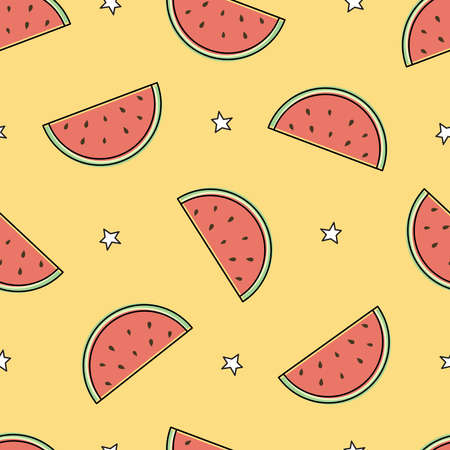 Seamless vector pattern Small pieces of watermelon placed on a yellow background, cartoon pattern...