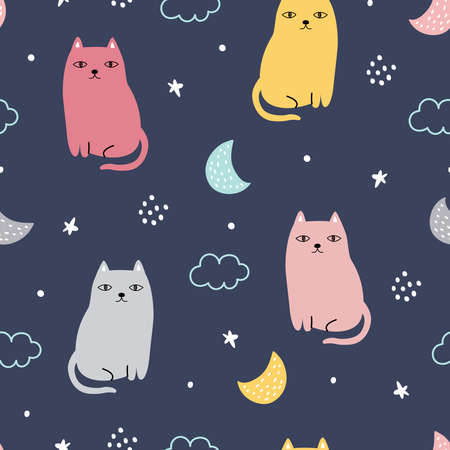 Colorful cat pattern with sky seamless pattern. Animal cartoon character background. design use for gift wrap typography background, baby clothes, textile, vector illustration.のイラスト素材