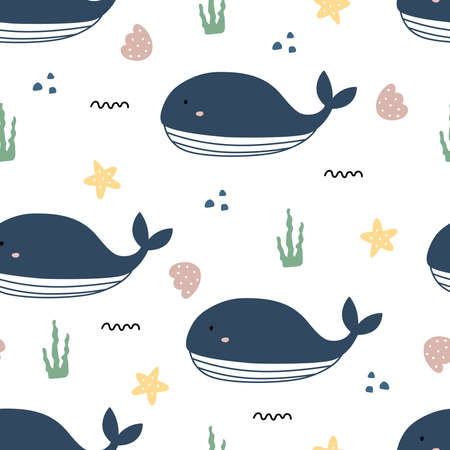 Blue whale with sea life seamless cute cartoon background. Designs used for textiles, clothing styles, prints, wallpapers, vector illustrations.のイラスト素材
