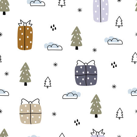 Seamless Christmas Background Vector Pattern With gift box and Christmas tree Hand drawn design in cartoon style Used for printing illustration, wallpaper, fabric, textile, fashionのイラスト素材