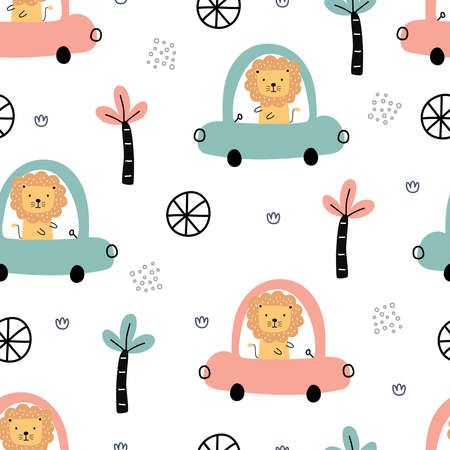 Lion driving a car transportation background for children. Seamless cartoon pattern Hand-drawn design in children's style. Use for prints, wallpapers, textiles, vector illustrations.のイラスト素材