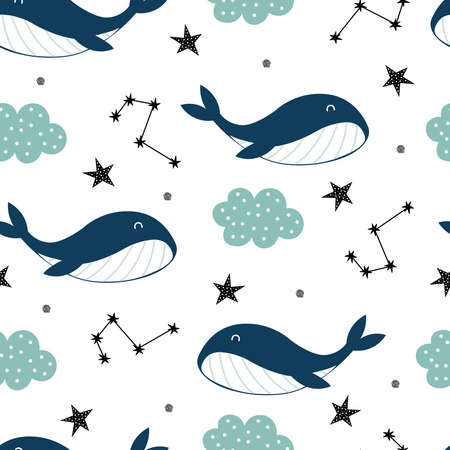 Blue whale with sky and stars seamless cute cartoon background. Designs used for textiles, clothing styles, prints, wallpapers, vector illustrations.のイラスト素材