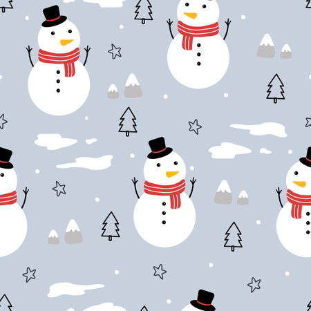 Seamless Pattern Vector Winter Background With Christmas Festival With Snowman And Snow. Hand drawn design in cartoon style. Use for fabric, fashion, textile.のイラスト素材