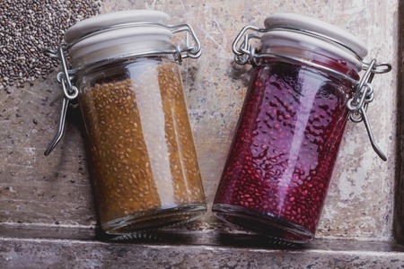 Clean eating snacks: take away chia smoothies. Berry chia smoothie, spinach and apple smoothie, yogurt smoothieの写真素材