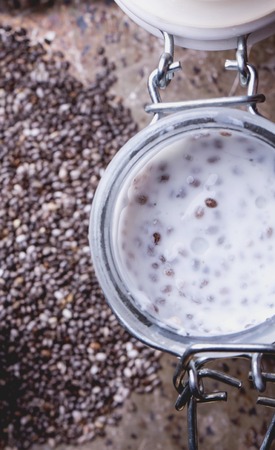 Clean eating snacks: take away chia smoothies. Berry chia smoothie, spinach and apple smoothie, yogurt smoothieの写真素材