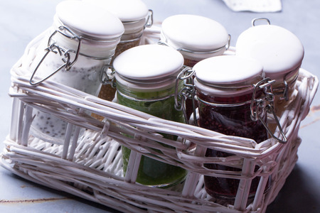 Clean eating snacks: take away chia smoothies. Berry chia smoothie, spinach and apple smoothie, yogurt smoothieの写真素材