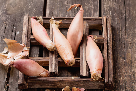 Shallot onions on old rustic wooden boardの写真素材