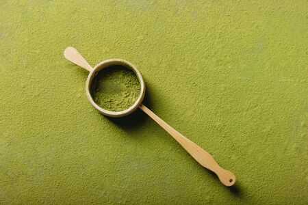 Matcha tea backgrounds: matcha tea bamboo strainer . top View Copy Spaceの写真素材